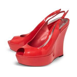 Gucci Red Patent Leather Platform Peep Toe Slingback Wedges. Vintage